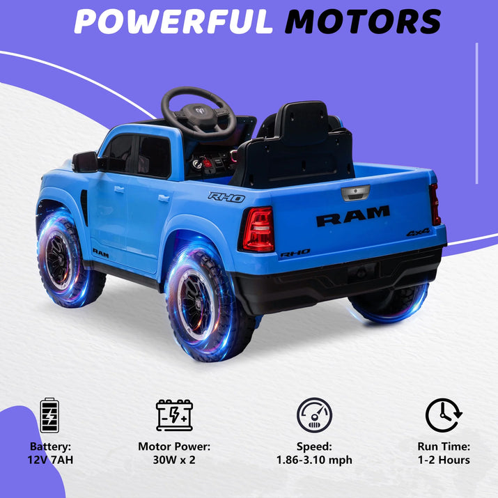 RAM 1500 Ride on Car Toy for Kids, 12V Powered Ride on Truck Toy with Remote Control, 4 Wheel Suspension, Safety Belt, Music, Bluetooth, LED Lights, Electric Cars for 3-5 Yrs Boy Girl, Blue