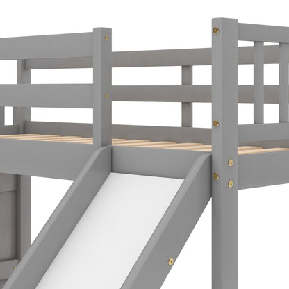 Twin over Twin Bunk Bed with Convertible Slide and Stairway, Gray - The Little Big Store