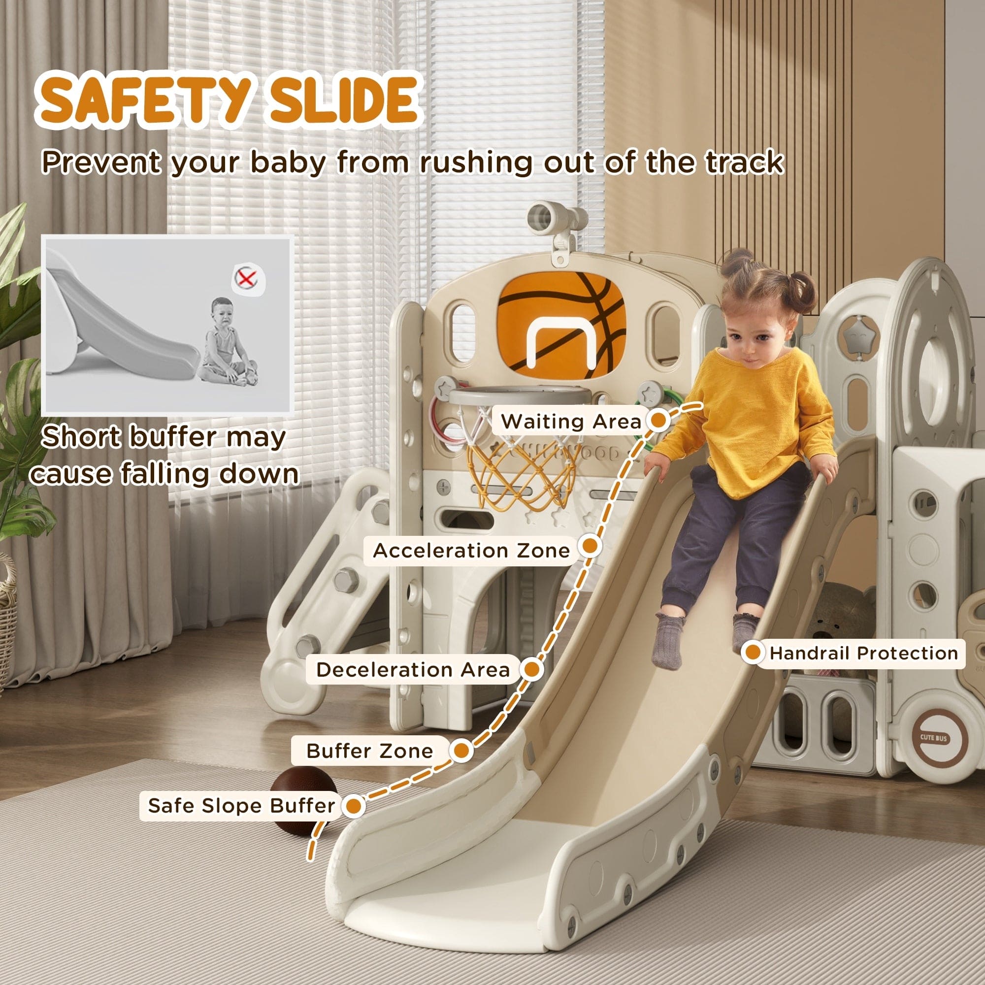 Qaba 9 in 1 Toddler Slide, Indoor Slide for Kids Ages 1-6, Car Themed Baby Slide with Basketball Hoop, Climber, Storage Space, Ring Toss, Telescope, Tunnel, Cream White - The Little Big Store