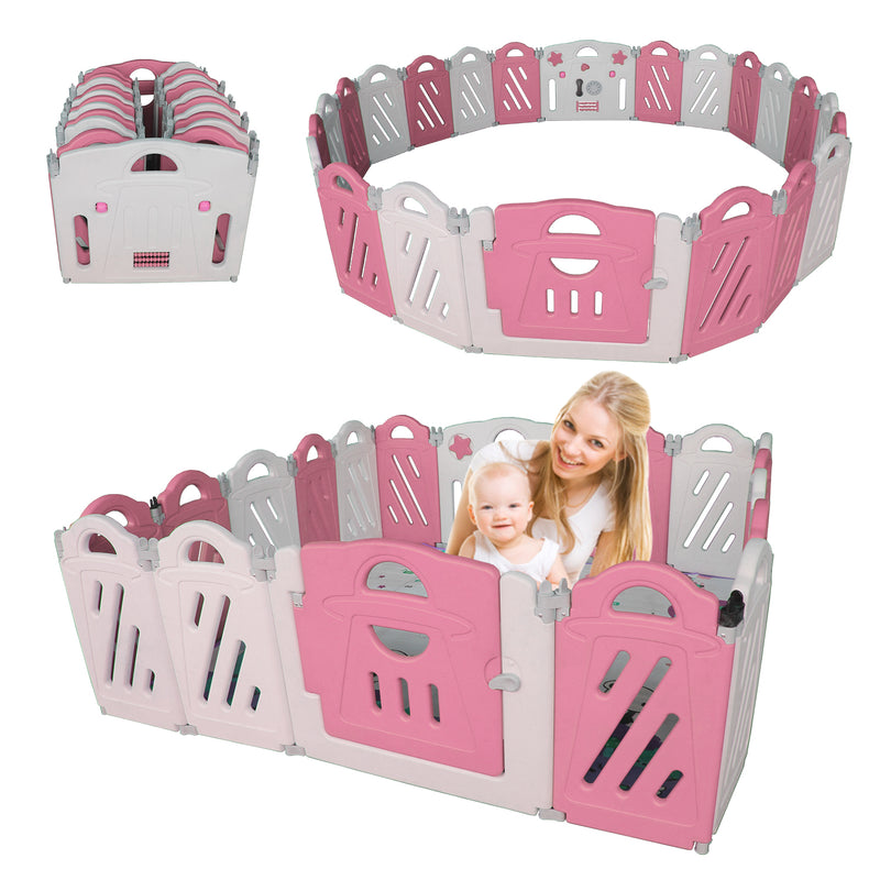 16+2 Panel Baby Playpen, Foldable Playard for Baby and Kids, Adjustable Shape Play Fence with Safety Lock Gate (Pink+White,16+2 Panel)