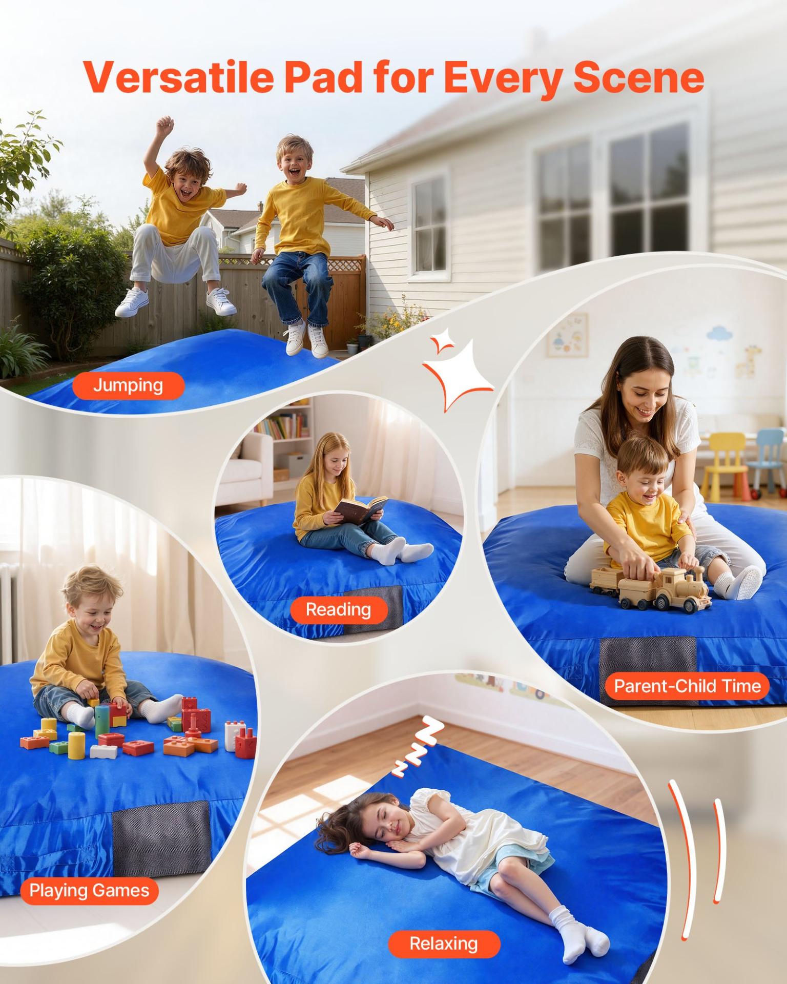 Kids Sensory Crash Pad, 5 x 5 ft Soft Foam Landing Mat with Washable Cover – Blue