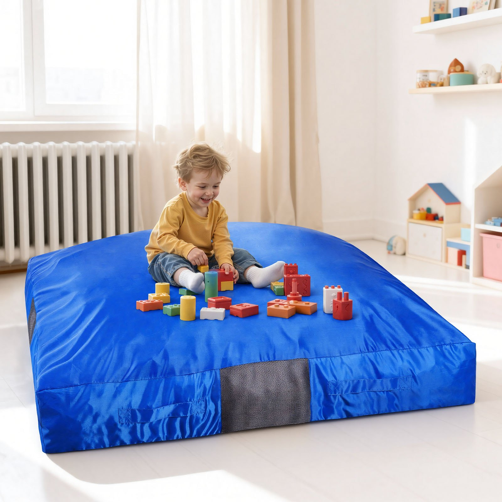 Kids Sensory Crash Pad, 5 x 5 ft Soft Foam Landing Mat with Washable Cover – Blue