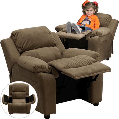 Deluxe Padded Contemporary Brown Microfiber Kids Recliner with Storage Arms - The Little Big Store