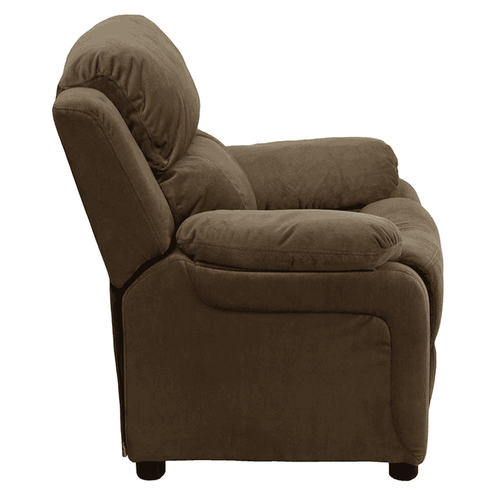 Deluxe Padded Contemporary Brown Microfiber Kids Recliner with Storage Arms - The Little Big Store
