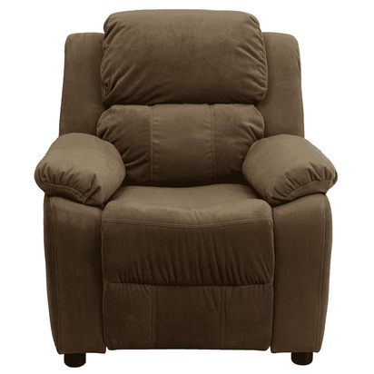 Deluxe Padded Contemporary Brown Microfiber Kids Recliner with Storage Arms - The Little Big Store