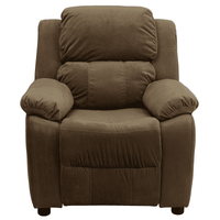 Deluxe Padded Contemporary Brown Microfiber Kids Recliner with Storage Arms - The Little Big Store