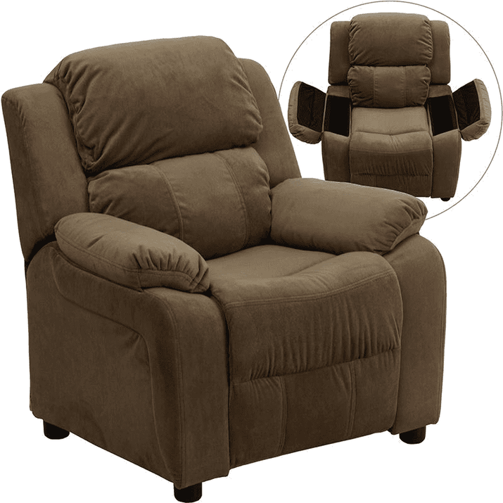 Deluxe Padded Contemporary Brown Microfiber Kids Recliner with Storage Arms - The Little Big Store
