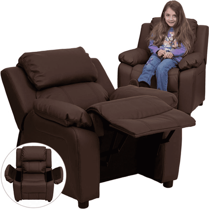 Deluxe Padded Contemporary Brown LeatherSoft Kids Recliner with Storage Arms - The Little Big Store
