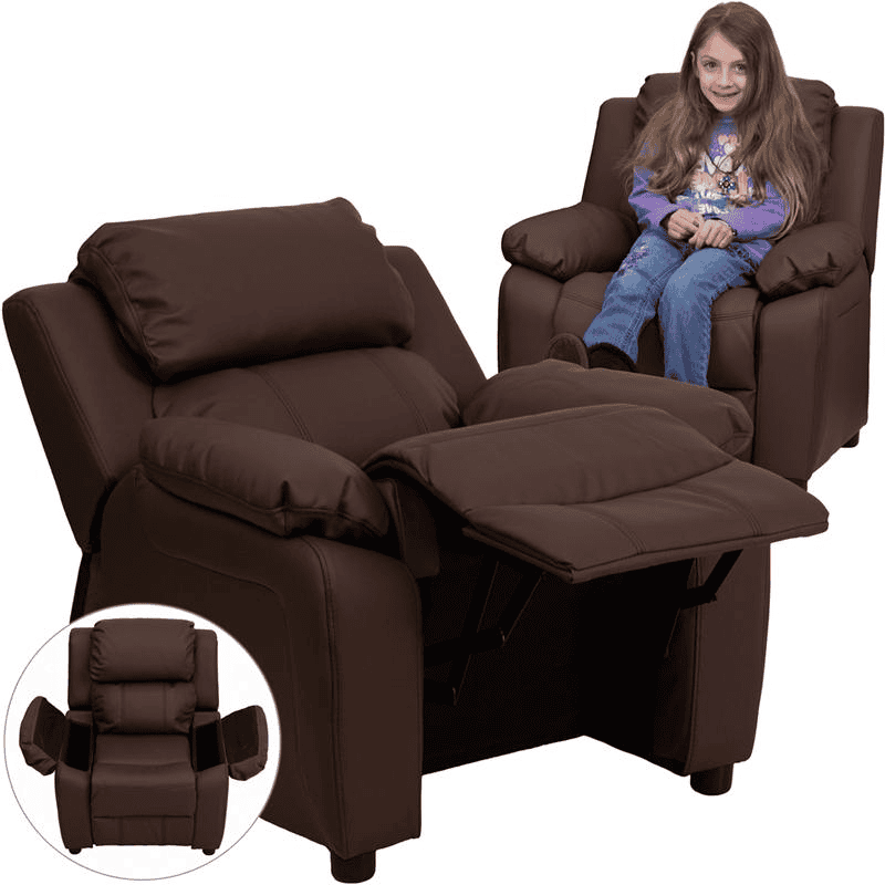 Deluxe Padded Contemporary Brown LeatherSoft Kids Recliner with Storage Arms - The Little Big Store