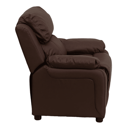 Deluxe Padded Contemporary Brown LeatherSoft Kids Recliner with Storage Arms - The Little Big Store