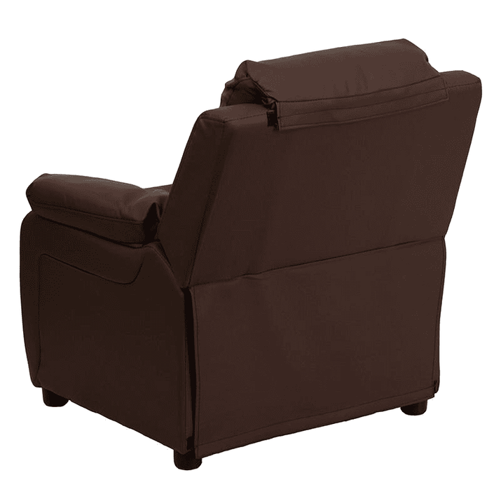 Deluxe Padded Contemporary Brown LeatherSoft Kids Recliner with Storage Arms - The Little Big Store