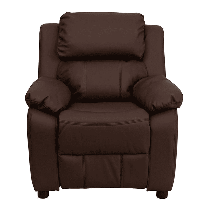 Deluxe Padded Contemporary Brown LeatherSoft Kids Recliner with Storage Arms - The Little Big Store