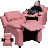 Deluxe Padded Contemporary Pink Vinyl Kids Recliner with Storage Arms - The Little Big Store