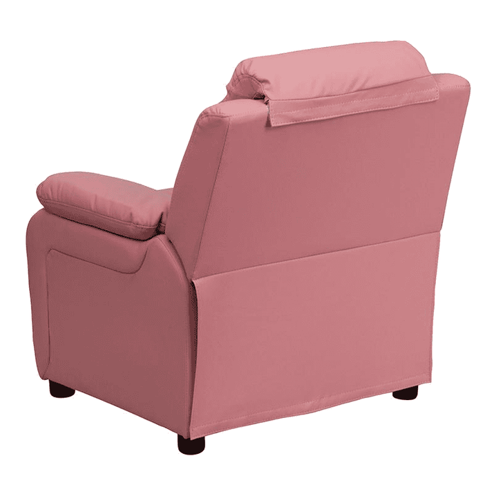 Deluxe Padded Contemporary Pink Vinyl Kids Recliner with Storage Arms - The Little Big Store