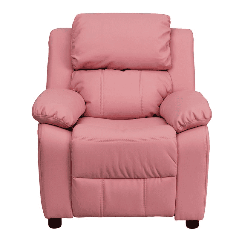 Deluxe Padded Contemporary Pink Vinyl Kids Recliner with Storage Arms