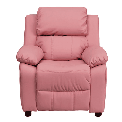 Deluxe Padded Contemporary Pink Vinyl Kids Recliner with Storage Arms - The Little Big Store