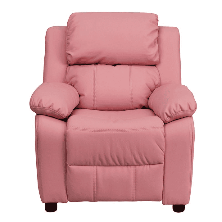 Deluxe Padded Contemporary Pink Vinyl Kids Recliner with Storage Arms - The Little Big Store