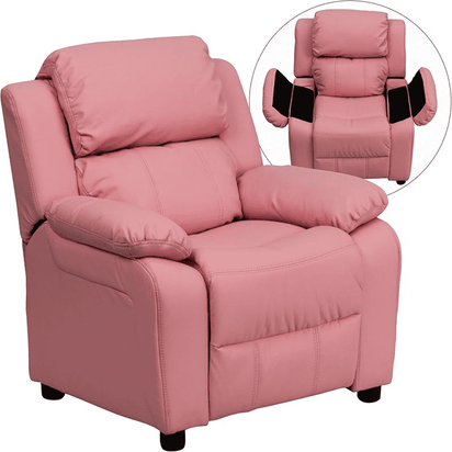 Deluxe Padded Contemporary Pink Vinyl Kids Recliner with Storage Arms - The Little Big Store