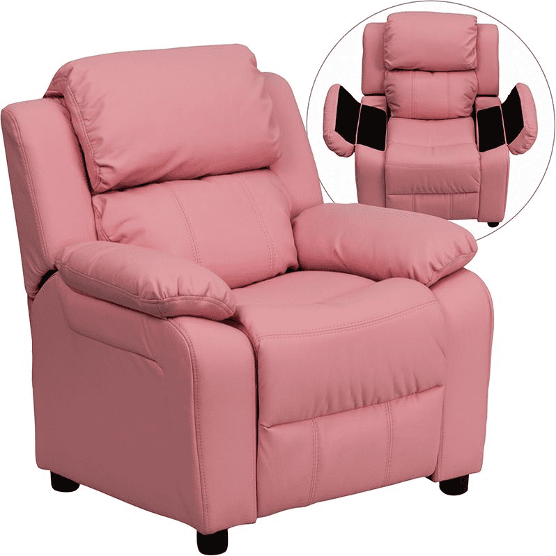 Deluxe Padded Contemporary Pink Vinyl Kids Recliner with Storage Arms - The Little Big Store