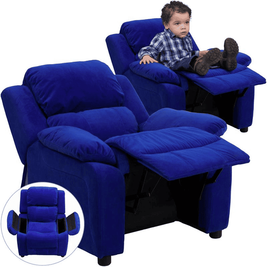Deluxe Padded Contemporary Blue Microfiber Kids Recliner with Storage Arms - The Little Big Store