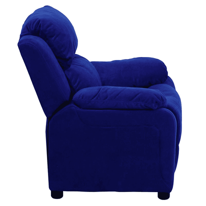 Deluxe Padded Contemporary Blue Microfiber Kids Recliner with Storage Arms - The Little Big Store