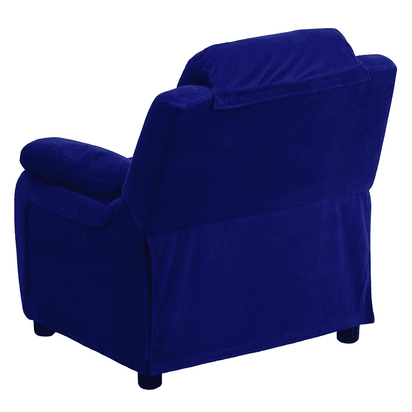 Deluxe Padded Contemporary Blue Microfiber Kids Recliner with Storage Arms - The Little Big Store