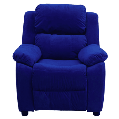 Deluxe Padded Contemporary Blue Microfiber Kids Recliner with Storage Arms - The Little Big Store