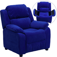 Deluxe Padded Contemporary Blue Microfiber Kids Recliner with Storage Arms - The Little Big Store