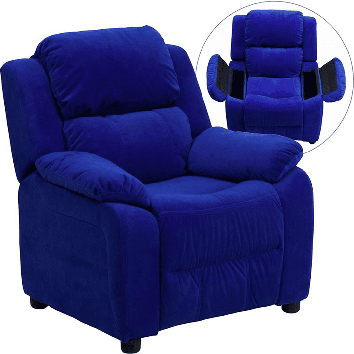 Deluxe Padded Contemporary Blue Microfiber Kids Recliner with Storage Arms - The Little Big Store