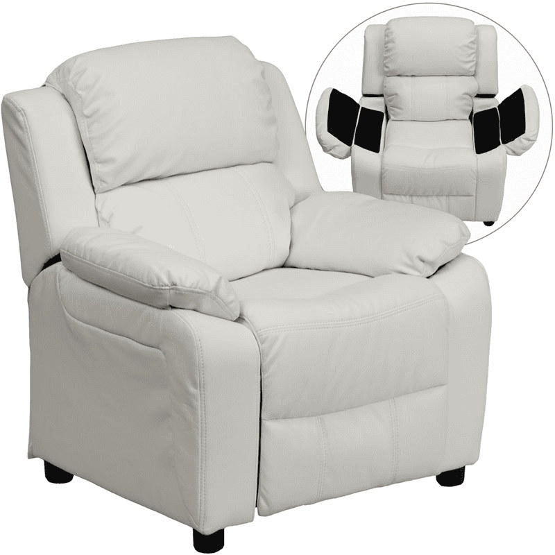Deluxe Padded Contemporary White Vinyl Kids Recliner with Storage Arms - The Little Big Store