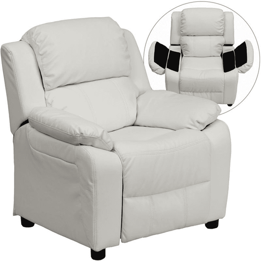 Deluxe Padded Contemporary White Vinyl Kids Recliner with Storage Arms - The Little Big Store