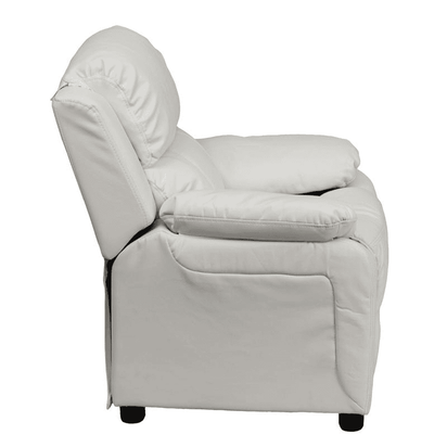 Deluxe Padded Contemporary White Vinyl Kids Recliner with Storage Arms - The Little Big Store