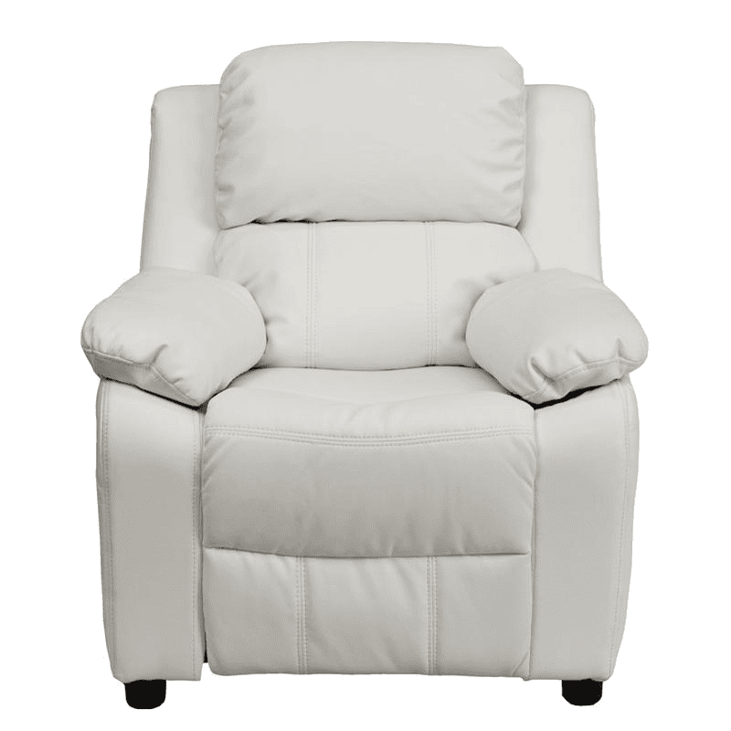 Deluxe Padded Contemporary White Vinyl Kids Recliner with Storage Arms