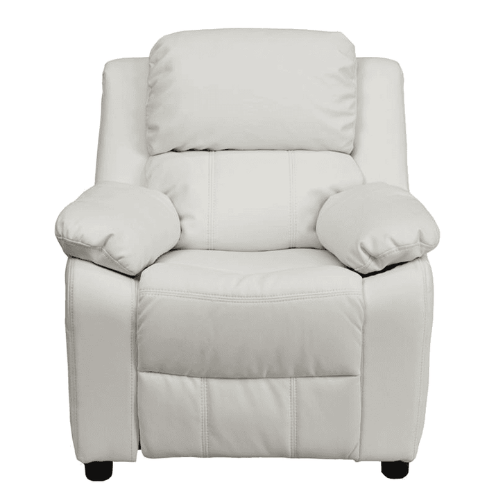 Deluxe Padded Contemporary White Vinyl Kids Recliner with Storage Arms - The Little Big Store