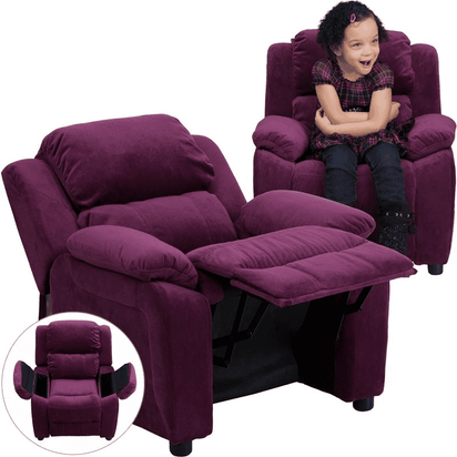 Deluxe Padded Contemporary Purple Microfiber Kids Recliner with Storage Arms - The Little Big Store