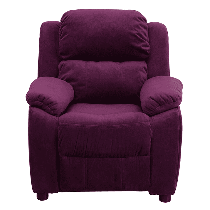 Deluxe Padded Contemporary Purple Microfiber Kids Recliner with Storage Arms - The Little Big Store