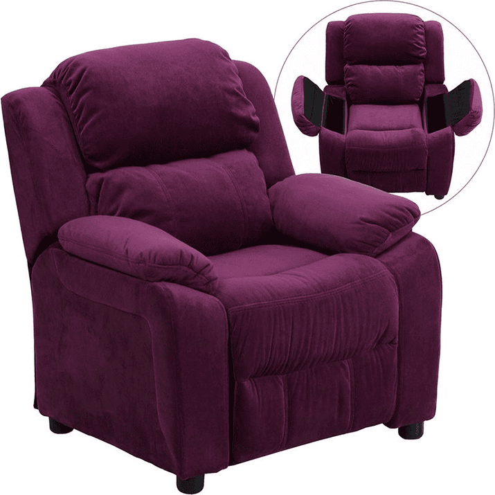 Deluxe Padded Contemporary Purple Microfiber Kids Recliner with Storage Arms - The Little Big Store