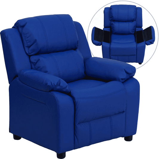 Deluxe Padded Contemporary Blue Vinyl Kids Recliner with Storage Arms - The Little Big Store