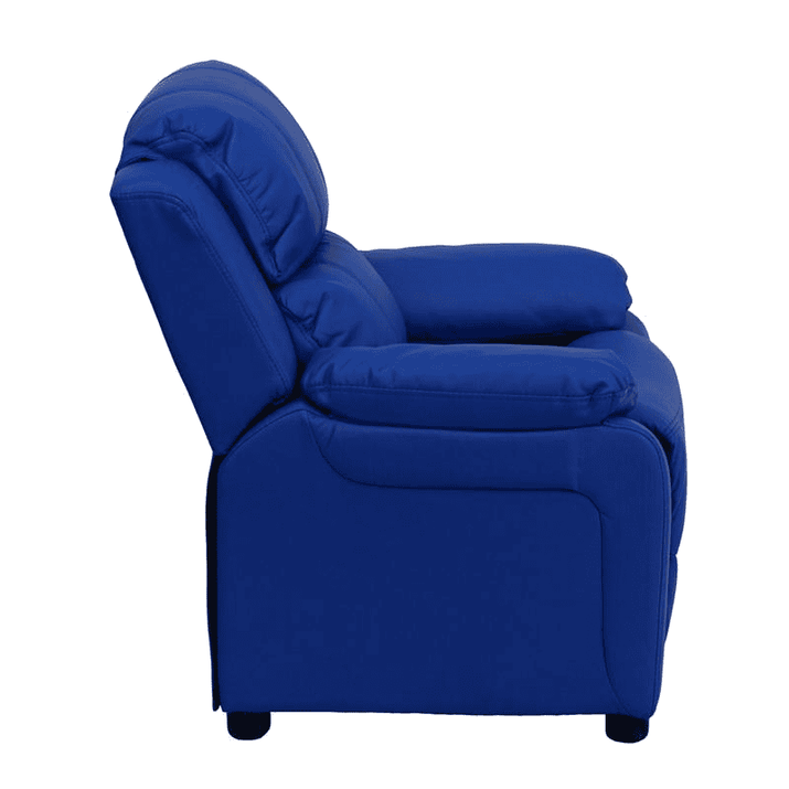 Deluxe Padded Contemporary Blue Vinyl Kids Recliner with Storage Arms - The Little Big Store