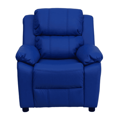 Deluxe Padded Contemporary Blue Vinyl Kids Recliner with Storage Arms - The Little Big Store