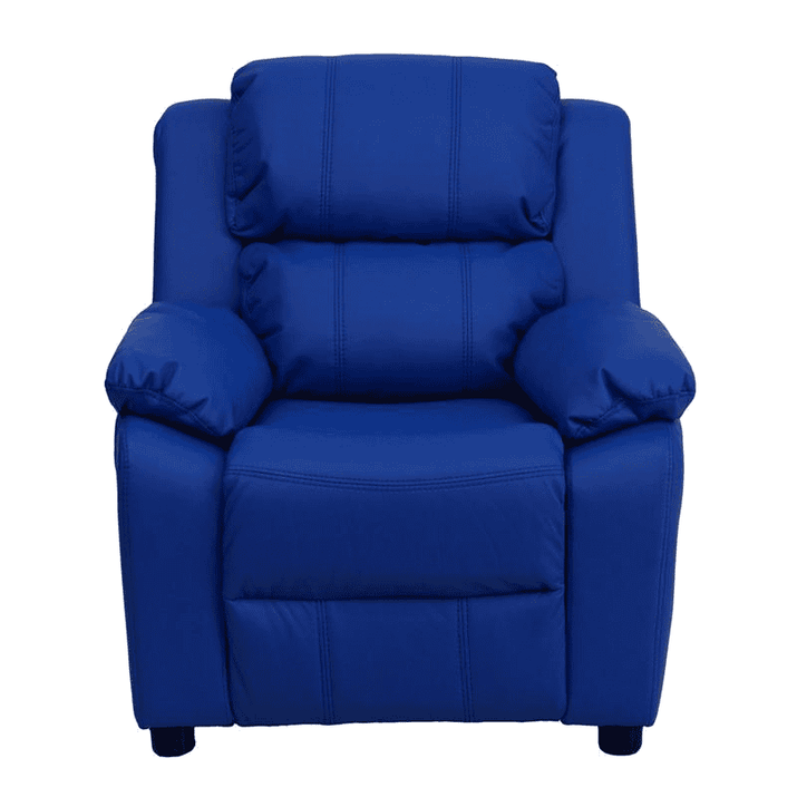 Deluxe Padded Contemporary Blue Vinyl Kids Recliner with Storage Arms - The Little Big Store