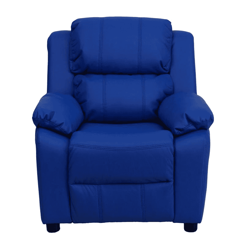 Deluxe Padded Contemporary Blue Vinyl Kids Recliner with Storage Arms - The Little Big Store