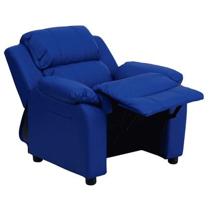 Deluxe Padded Contemporary Blue Vinyl Kids Recliner with Storage Arms - The Little Big Store