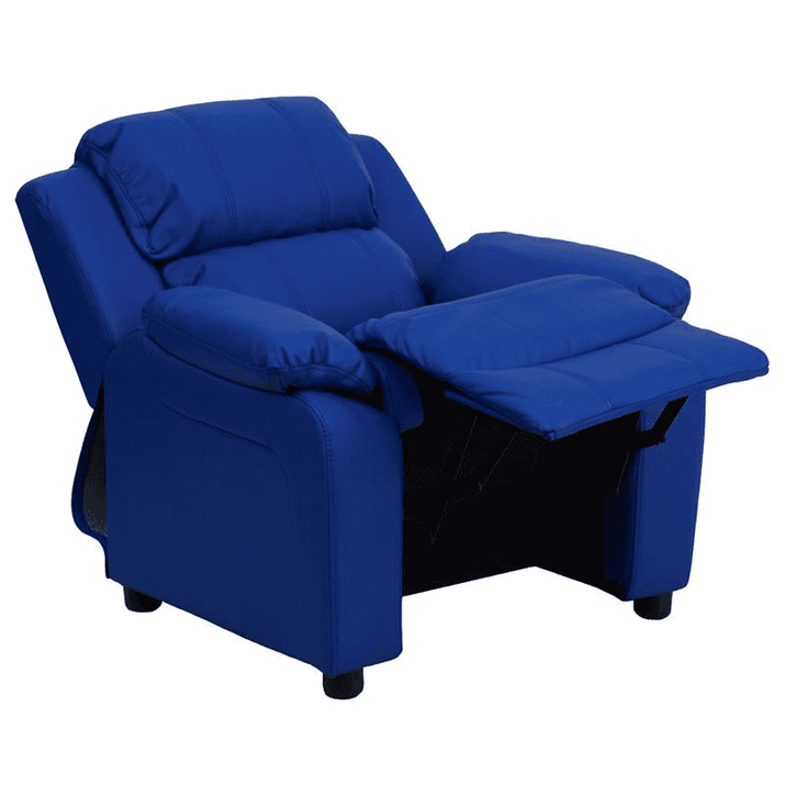 Deluxe Padded Contemporary Blue Vinyl Kids Recliner with Storage Arms - The Little Big Store