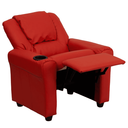 Contemporary Red Vinyl Kids Recliner with Cup Holder and Headrest - The Little Big Store