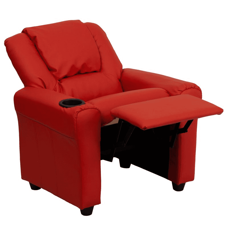 Contemporary Red Vinyl Kids Recliner with Cup Holder and Headrest - The Little Big Store