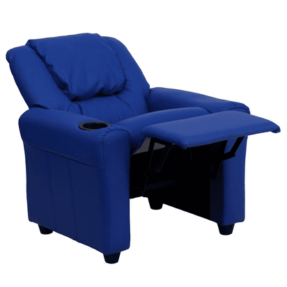 Contemporary Blue Vinyl Kids Recliner with Cup Holder and Headrest - The Little Big Store
