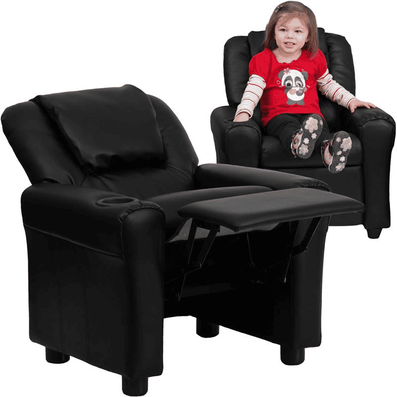 Contemporary Black LeatherSoft Kids Recliner with Cup Holder and Headrest - The Little Big Store