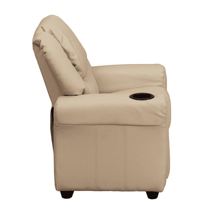 Contemporary Beige Vinyl Kids Recliner with Cup Holder and Headrest - The Little Big Store