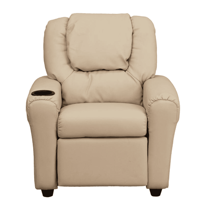 Contemporary Beige Vinyl Kids Recliner with Cup Holder and Headrest - The Little Big Store